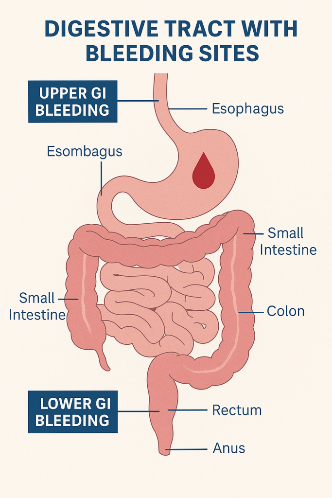 "Digestive tract illustration showing areas prone to gastrointestinal bleeding"