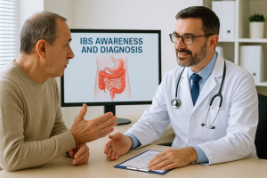Patient discussing IBS symptoms with Dr. Karim Shakoor, M.D., a top gastroenterologist at Colon & Digestive Health Specialists.