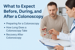 Home 28 Informative digital illustration showing the stages of a colonoscopy procedure, including preparation, procedure duration, and recovery tips, tailored for patient education.