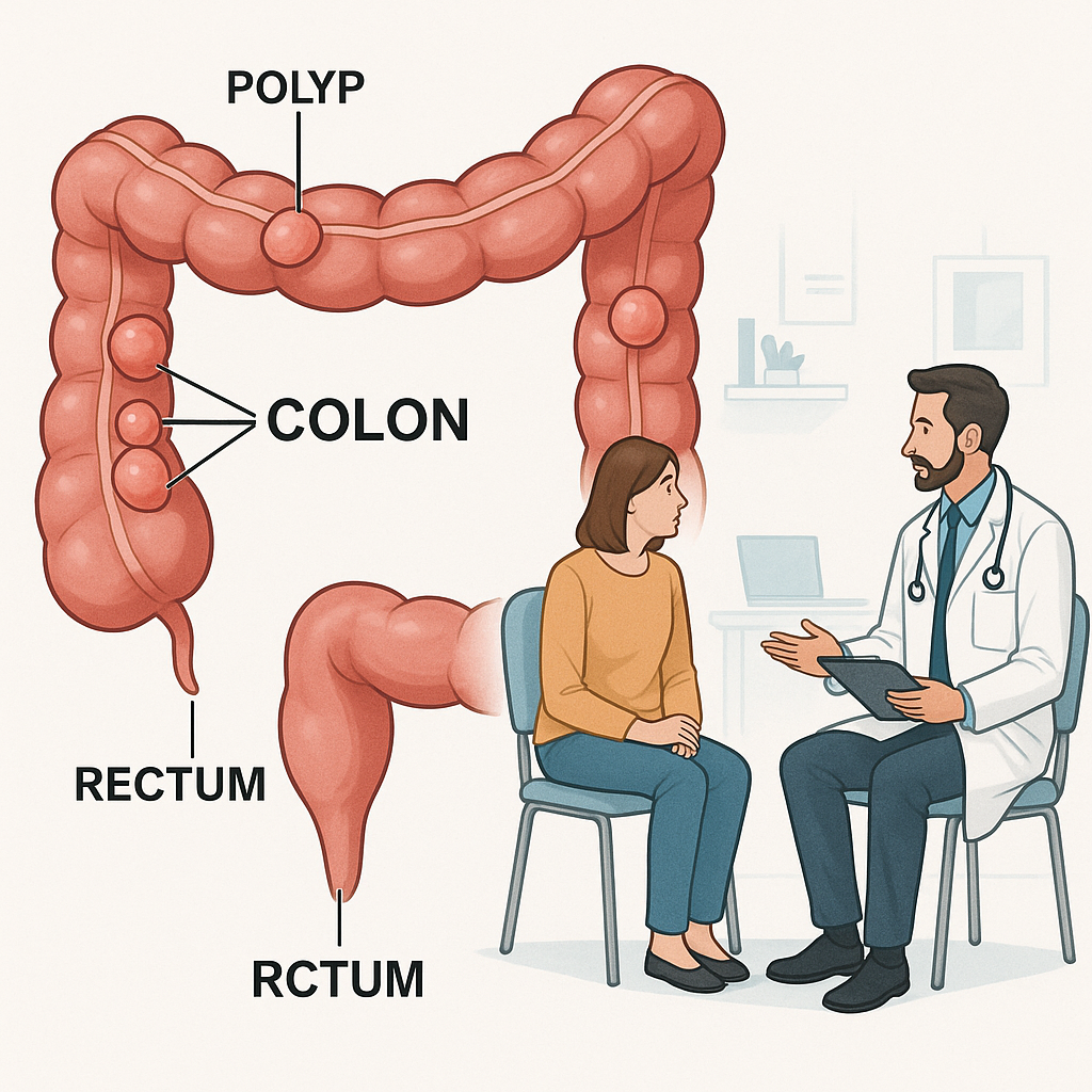 Warning Signs of Colorectal Polyps You Shouldn’t Ignore 1 "Illustration showing colorectal polyps inside the colon and a patient discussing symptoms with a doctor."