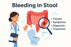 "Illustration explaining what blood in stool looks like, common causes of bleeding in stool, signs of internal bleeding, and when to seek medical help."