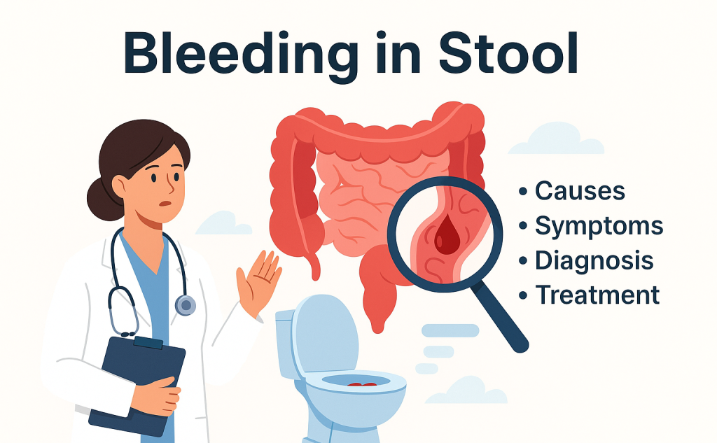 "Illustration explaining what blood in stool looks like, common causes of bleeding in stool, signs of internal bleeding, and when to seek medical help."