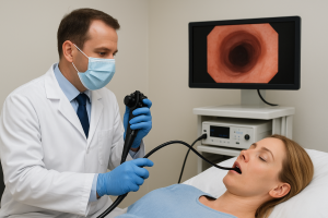 Doctor wearing a mask, white coat, and blue gloves performing an upper endoscopy on a female patient lying on a clinic bed, with the endoscope inserted into her mouth and the procedure displayed on a monitor.