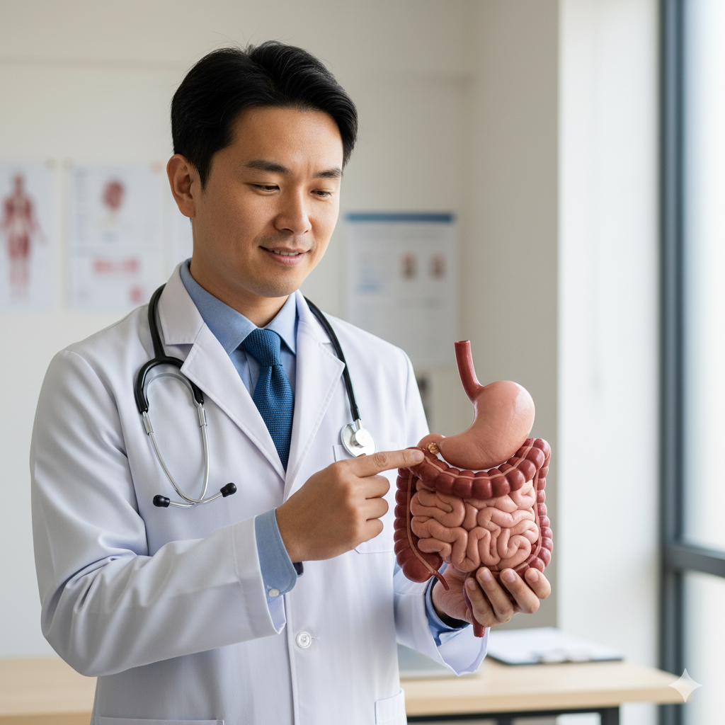 Instant Constipation Relief: 10 Doctor-Approved Foods That Work Fast 1 "Doctor pointing to a human digestive system model."