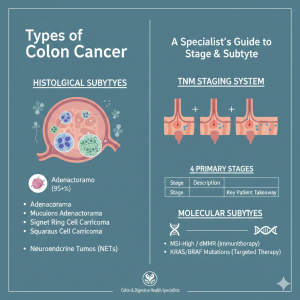 Chart summarizing the Types of Colon Cancer, including Histological Subtypes (Adenocarcinoma, Mucinous, Signet Ring Cell), the TNM Staging System (T, N, M), the 4 Primary Stages, and Molecular Subtypes (MSI-High/dMMR for Immunotherapy and KRAS/BRAF mutations for Targeted Therapy).