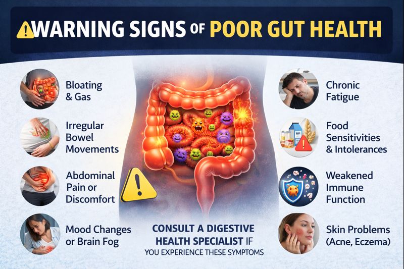 Informational infographic showing warning signs of poor gut health, including bloating and gas, irregular bowel movements, abdominal pain, fatigue, food sensitivities, weakened immunity, brain fog, and skin problems.