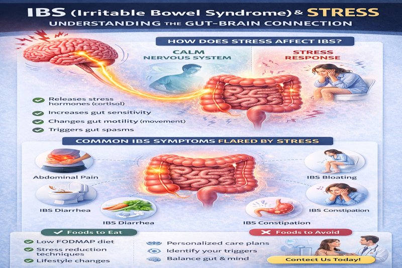 Infographic showing how stress affects IBS through the gut-brain connection and common digestive symptoms.