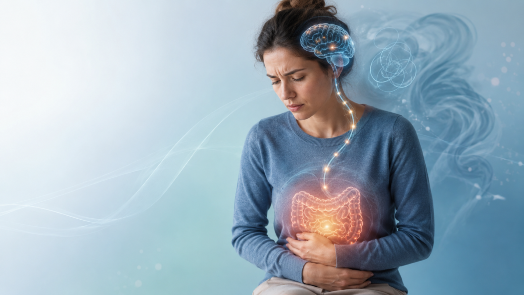 Illustration of the gut-brain connection showing a woman experiencing IBS (Irritable Bowel Syndrome) symptoms, with a highlighted brain and digestive system linked by the nervous system