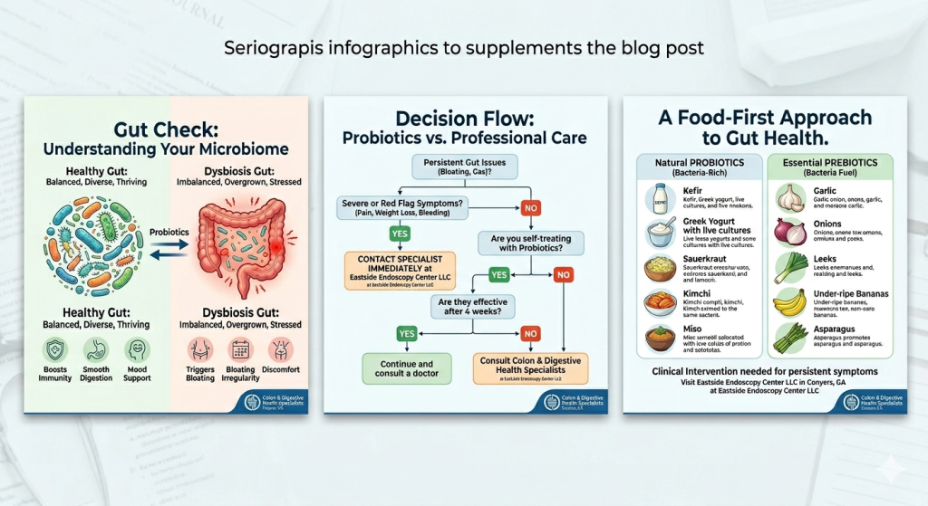 A comparison chart titled 'Understanding Your Microbiome.' The left side shows a healthy gut with diverse, thriving bacteria icons and benefits like boosted immunity and smooth digestion.