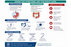 Medical infographic explaining GI bleeding symptoms, diagnosis methods like endoscopy and colonoscopy, and treatment options with emergency warning signs.