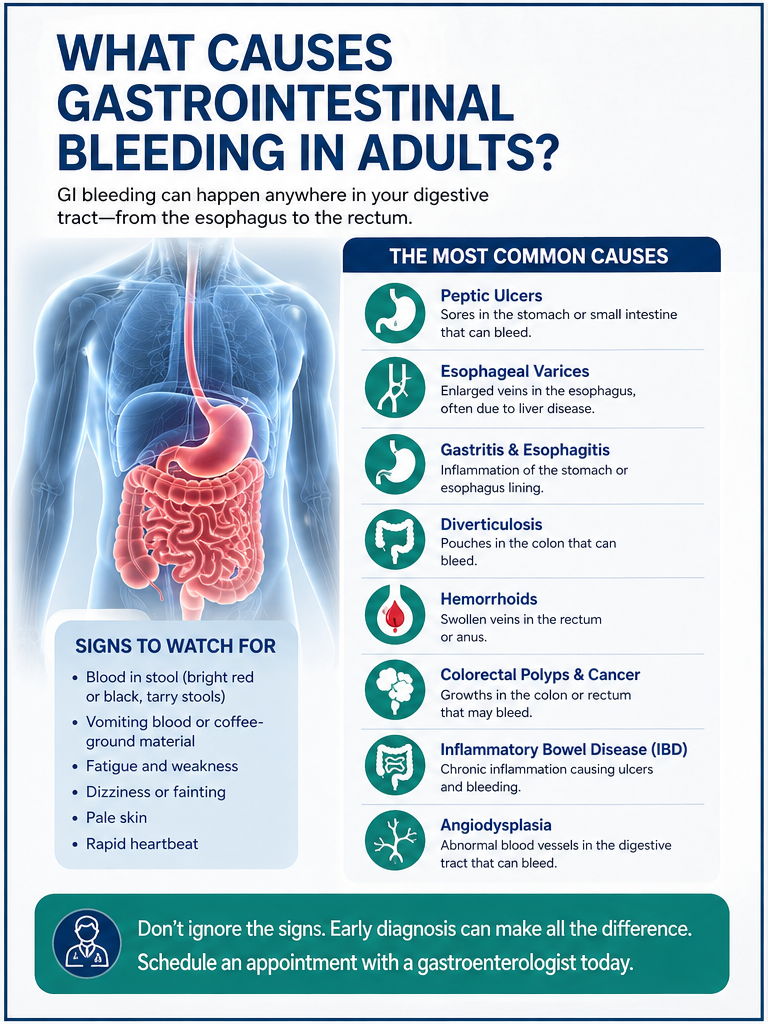 Infographic showing causes and warning signs of gastrointestinal bleeding in adults, including ulcers, hemorrhoids, fatigue, and blood in stool.