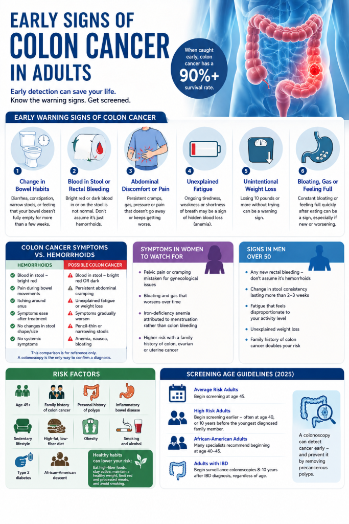 Medical infographic titled “Early Signs of Colon Cancer in Adults” showing a colon illustration and key warning signs including changes in bowel habits, blood in stool, abdominal pain, unexplained fatigue, weight loss, and bloating. The infographic also compares colon cancer symptoms with hemorrhoids, highlights symptoms in women and men over 50, lists major risk factors, and provides colon cancer screening age guidelines for early detection and prevention.