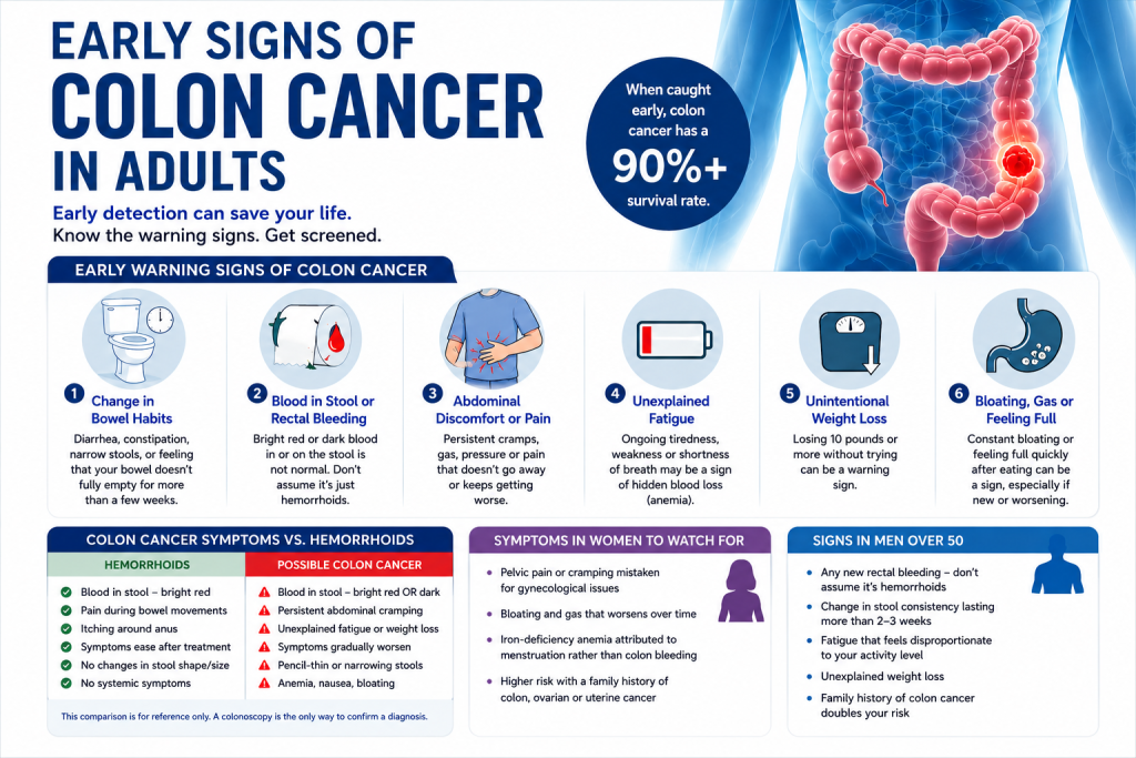 Medical infographic titled “Early Signs of Colon Cancer in Adults” showing a colon illustration and key warning signs including changes in bowel habits, blood in stool, abdominal pain, unexplained fatigue, weight loss, and bloating. The infographic also compares colon cancer symptoms with hemorrhoids, highlights symptoms in women and men over 50, lists major risk factors, and provides colon cancer screening age guidelines for early detection and prevention.