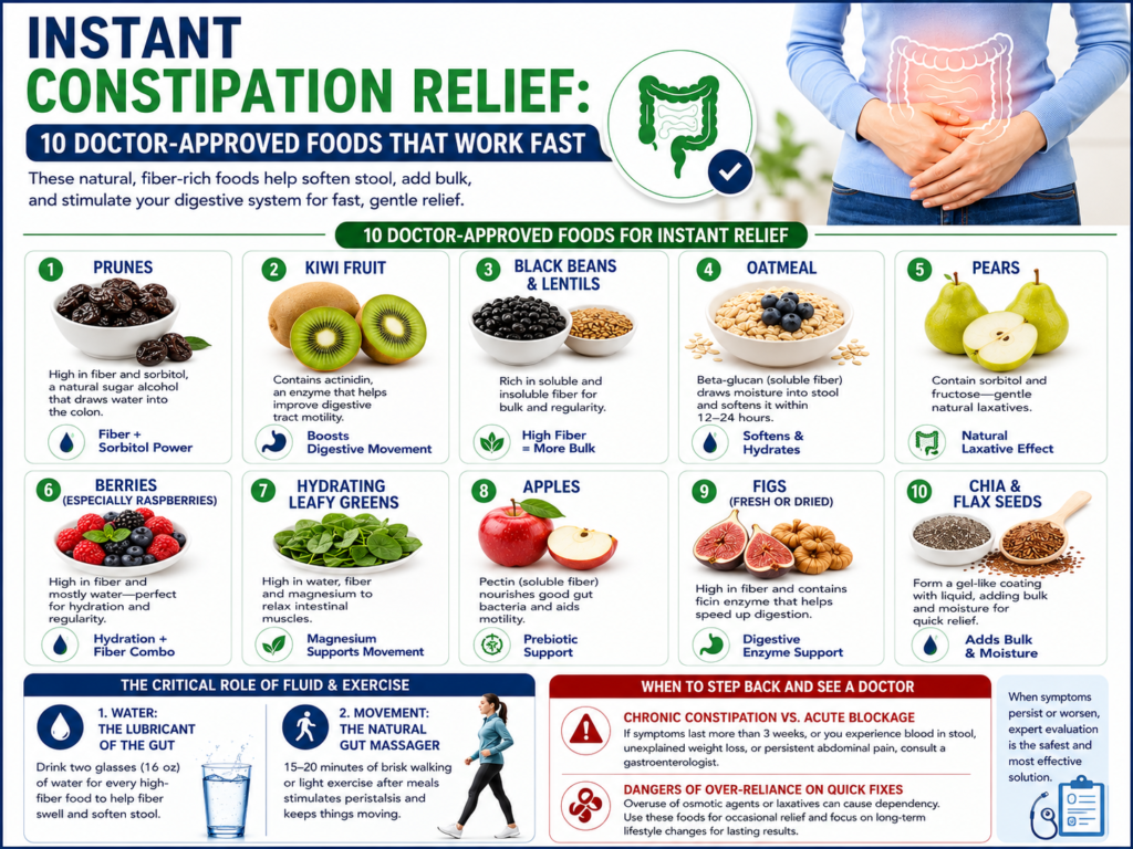 "Instant constipation relief infographic featuring 10 doctor-approved foods, hydration tips, exercise advice, and warning signs for chronic constipation."