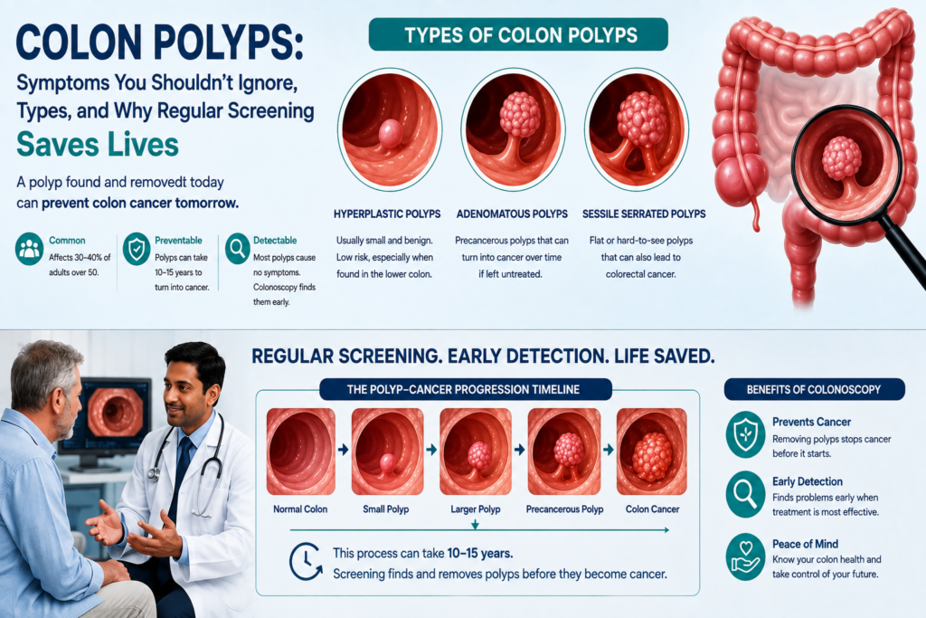 Colon polyps symptoms, types, and screening infographic
