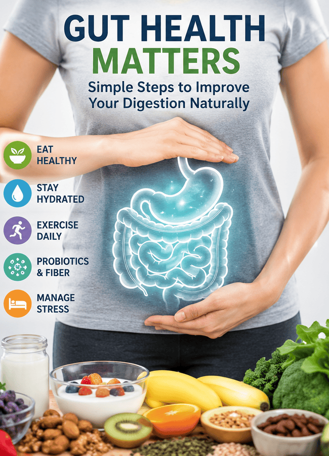 Woman holding her abdomen with a glowing digestive system, surrounded by healthy foods and tips for improving gut health naturally.