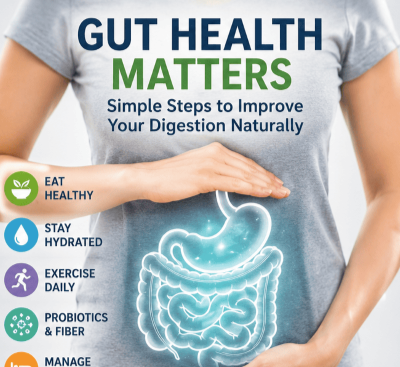 Woman holding her abdomen with a glowing digestive system, surrounded by healthy foods and tips for improving gut health naturally.
