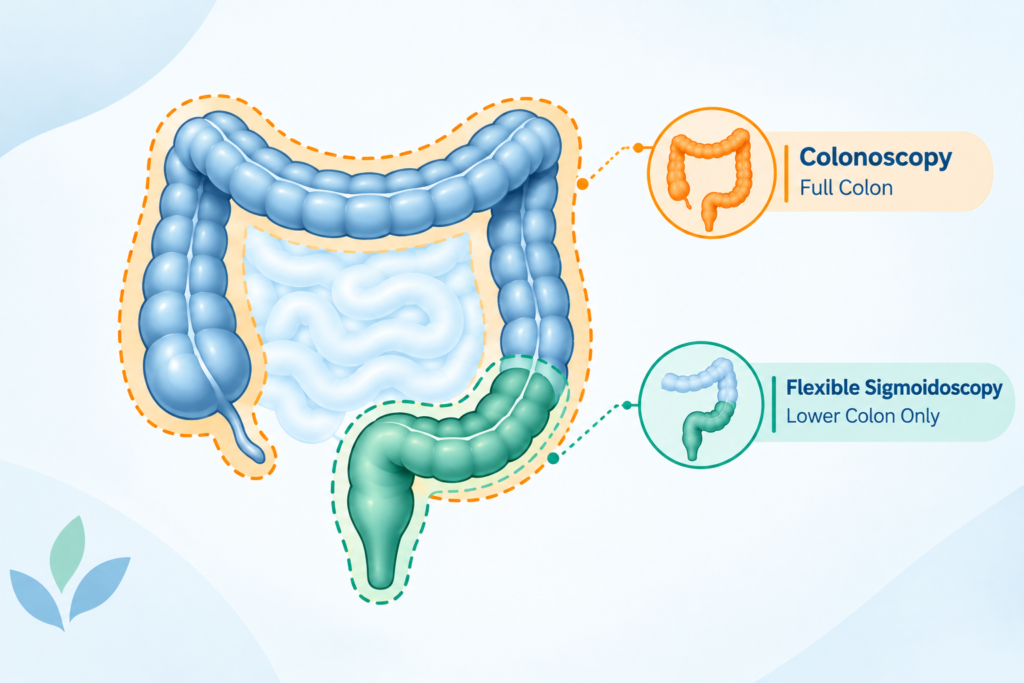 "Infographic comparing the area of the colon examined by flexible sigmoidoscopy versus colonoscopy"